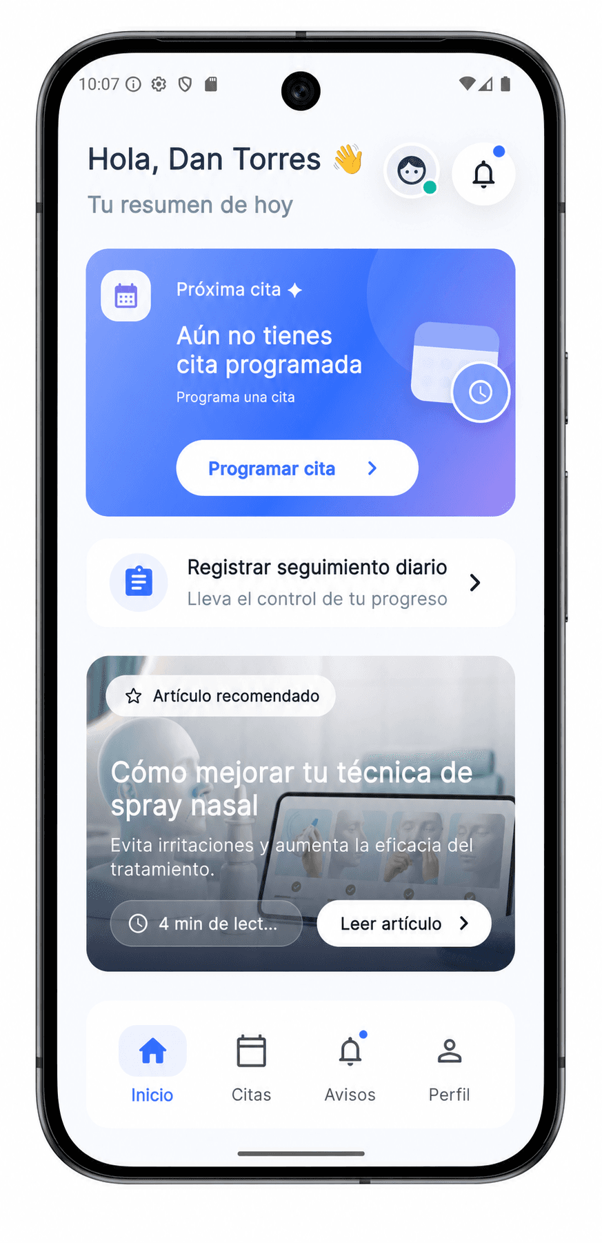 Pantalla de la app movil Rinitis
